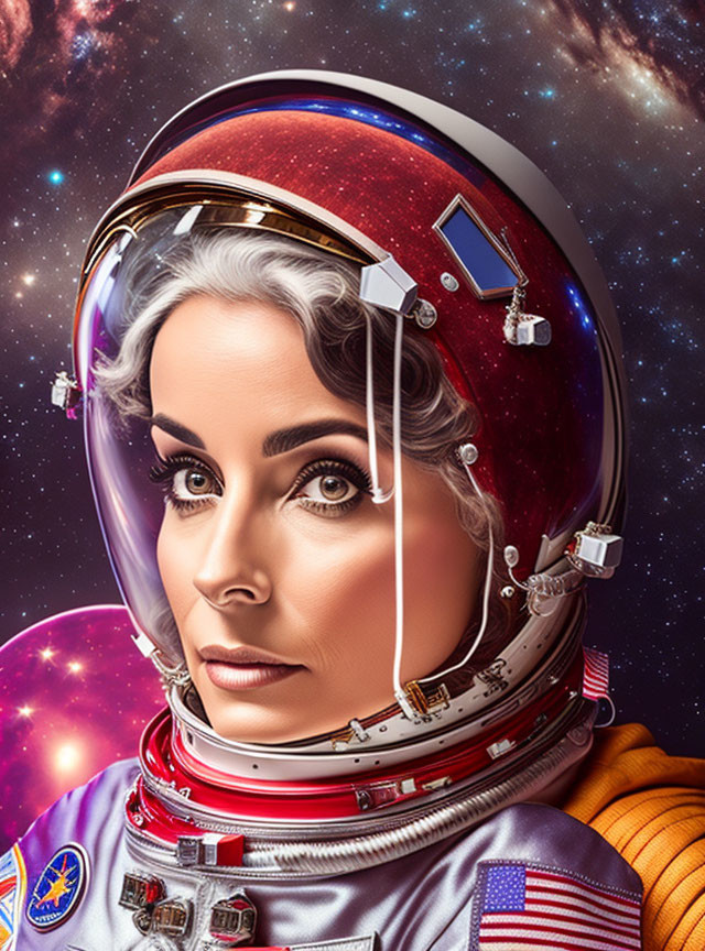 Female astronaut with bold makeup in space helmet against cosmic backdrop