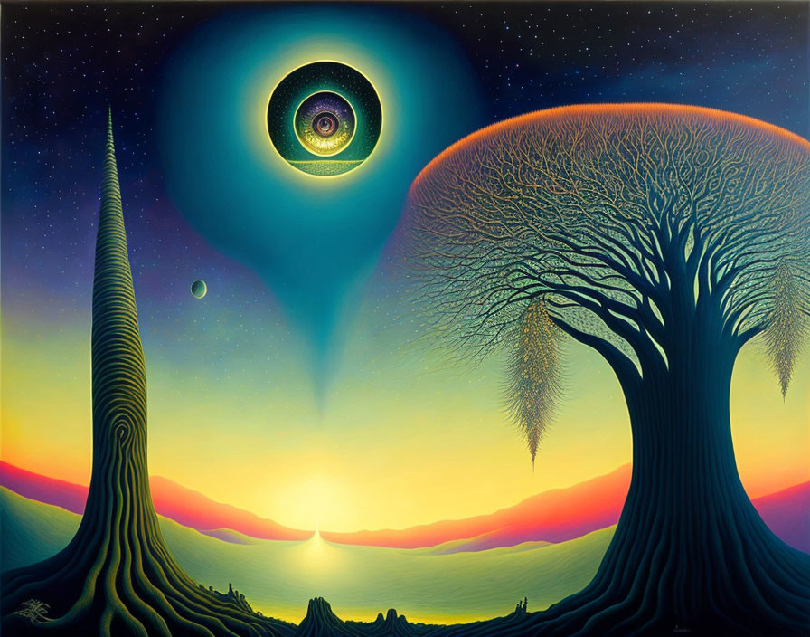 Surreal landscape featuring large tree, towering pinnacle, mystical eye, serene sea at sunset