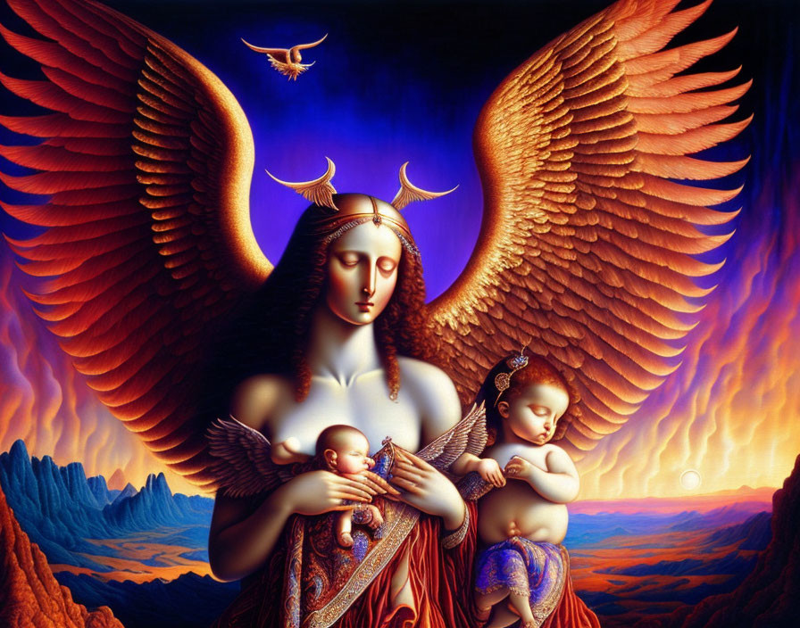 Surreal artwork of winged woman with infants in fiery landscape