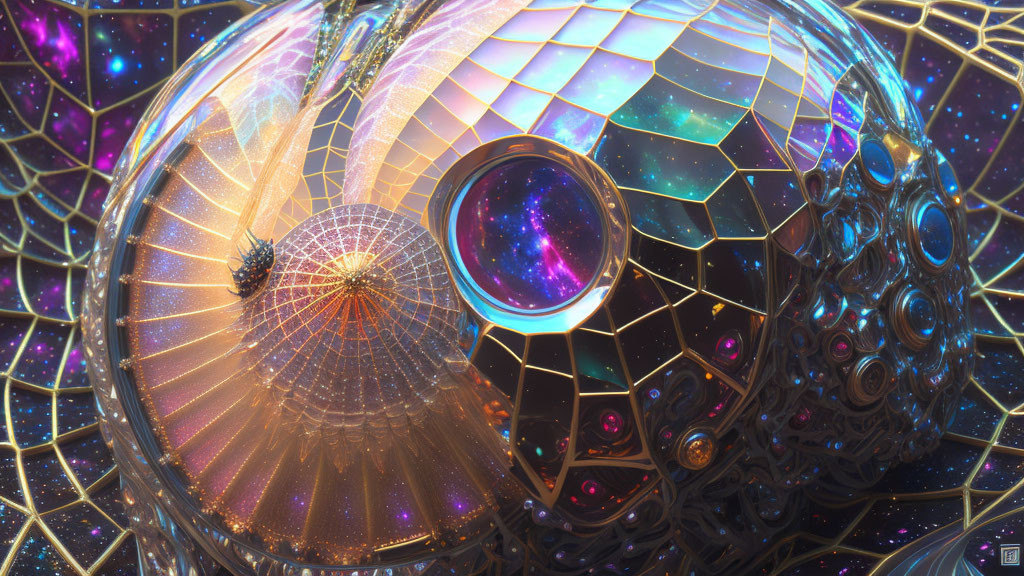 Colorful digital artwork of spherical structure with mirrored tiles and cosmic patterns