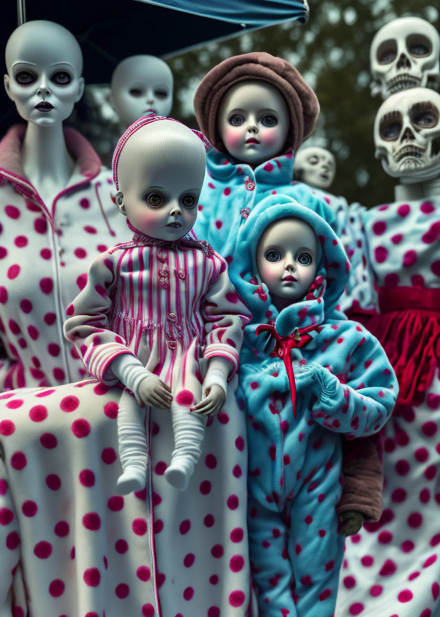 Creepy doll collection with oversized eyes and skull figures