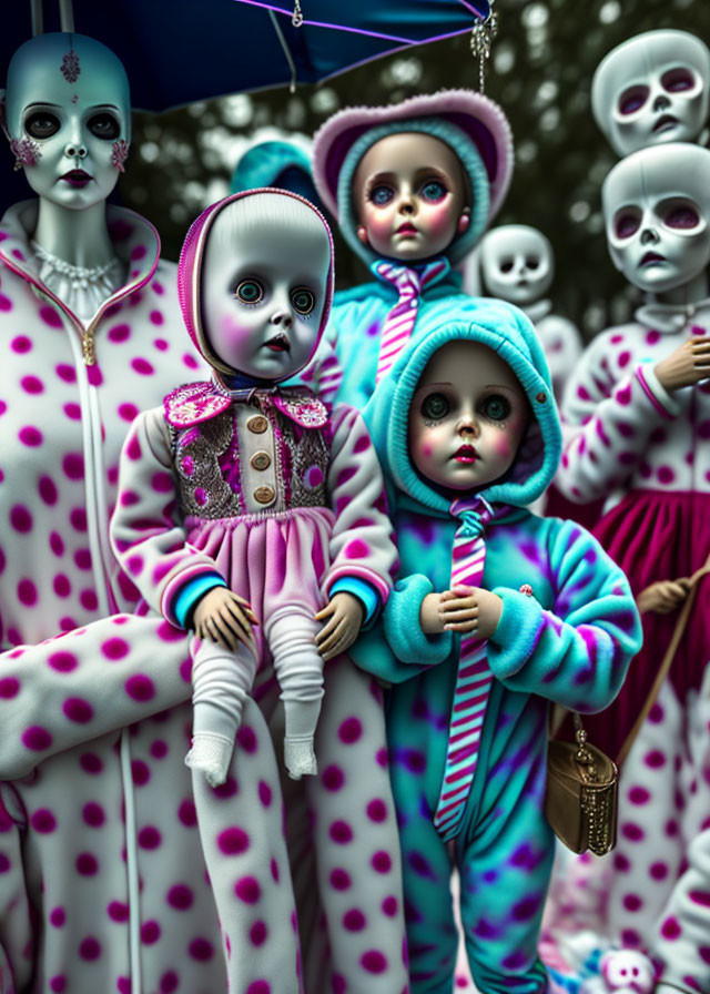 Eerie dolls with skull-like faces in polka-dot outfits under gloomy sky