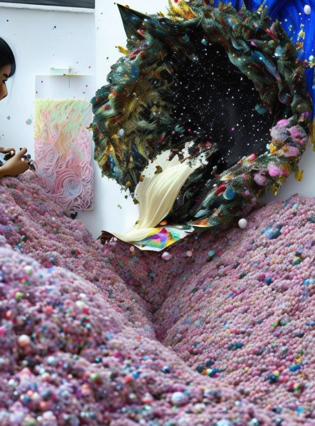 Colorful art piece with cosmic portal vibes and pom-pom sea near person and open book