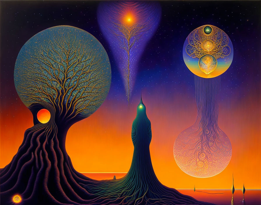 Surreal artwork: Two trees, celestial bodies, vibrant colors