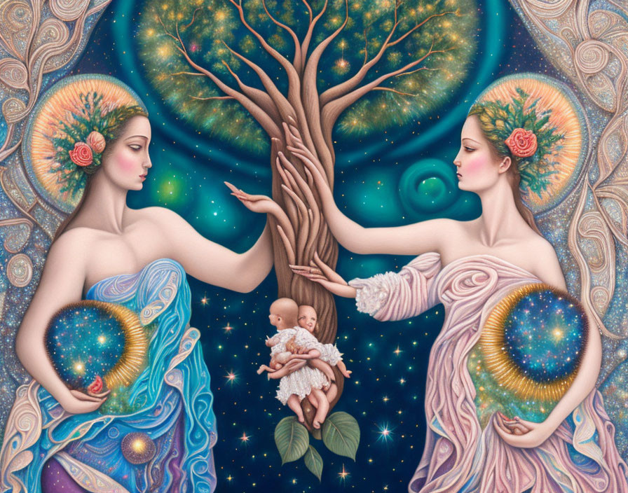 Stylized women holding baby near tree with cosmic and floral motifs