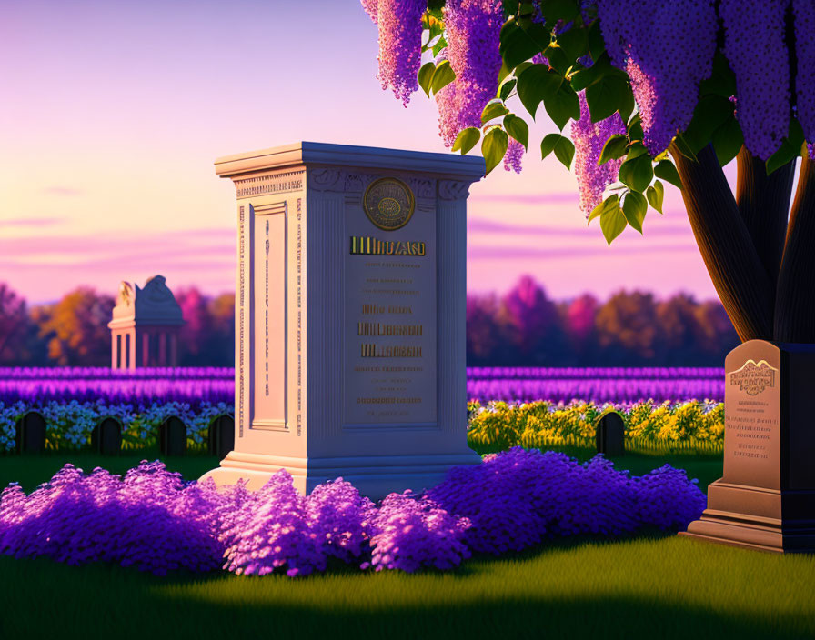 Grand book-shaped monument amidst purple flowers, serene sunset, classical architecture.