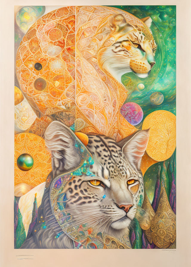 Colorful art: Majestic wild cats with cosmic patterns blending into fur