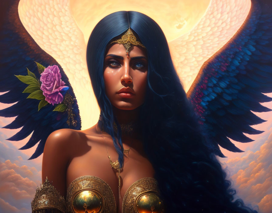 Fantasy portrait of woman with blue skin and angelic wings in sunset scene