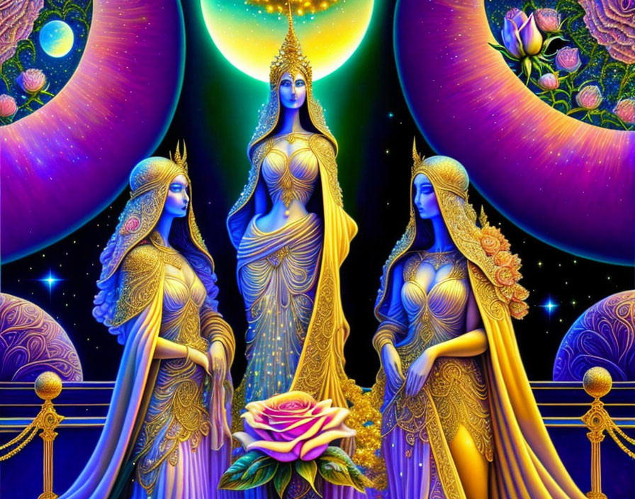 Digital Artwork: Three celestial female figures in golden attire with cosmic elements and a blooming rose.