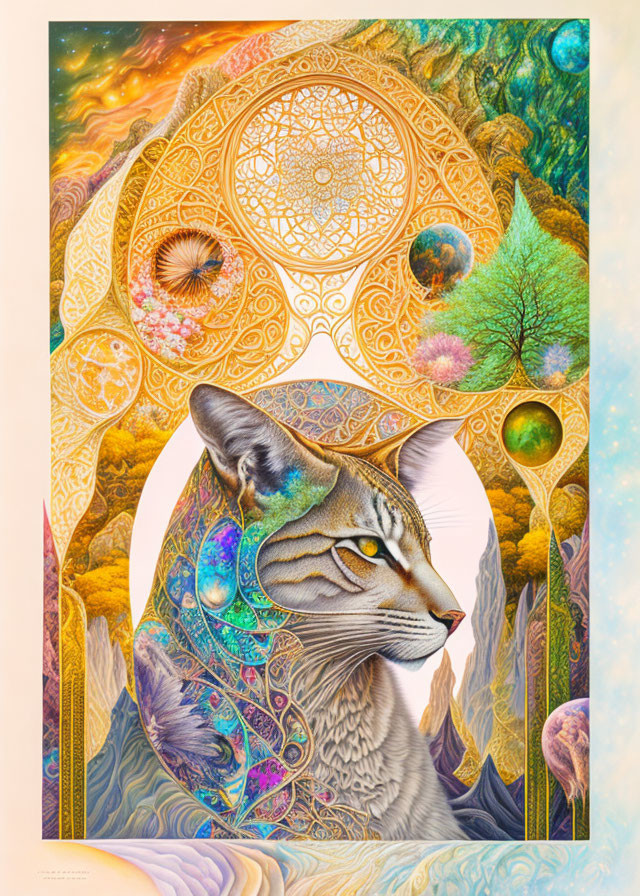 Colorful Cosmic Cat Artwork with Celestial Patterns and Nature-Inspired Environment