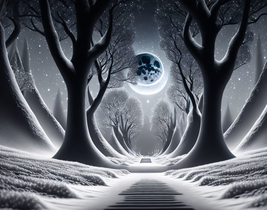 Mystical winter night scene with snow-covered trees and large moon.