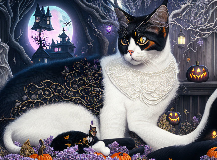 Detailed Halloween-themed black and white cat illustration with intricate patterns and spooky elements