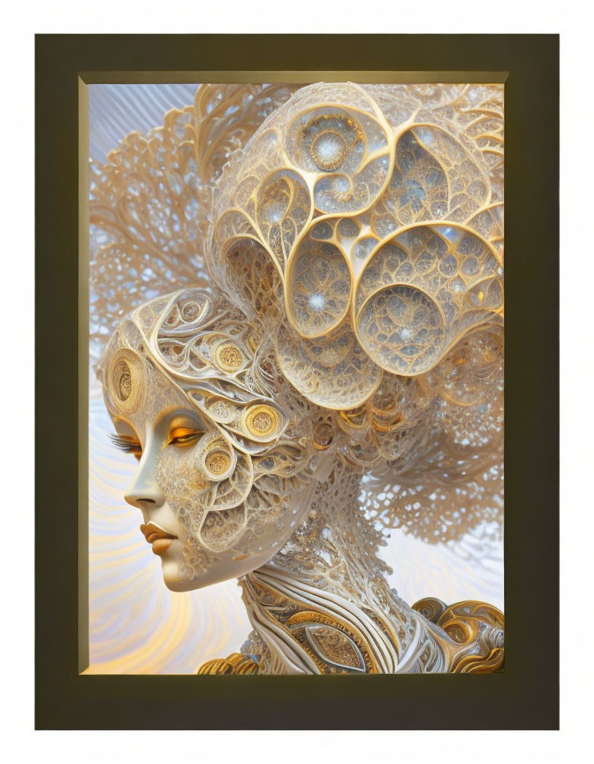 Surreal figure with ornate headdress in gold and ivory tones