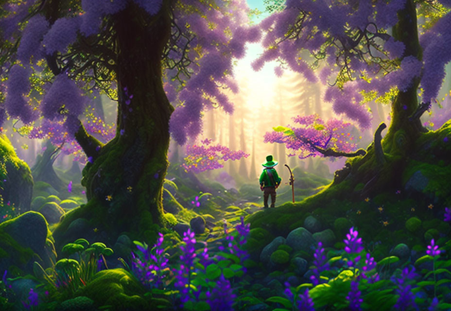 Enchanting forest scene with purple foliage, mossy trees, and mysterious figure holding a staff