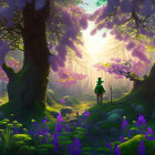 Enchanting forest scene with purple foliage, mossy trees, and mysterious figure holding a staff