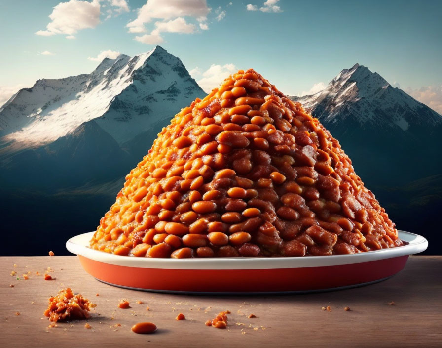 Plate of baked beans with snowy mountains scenery