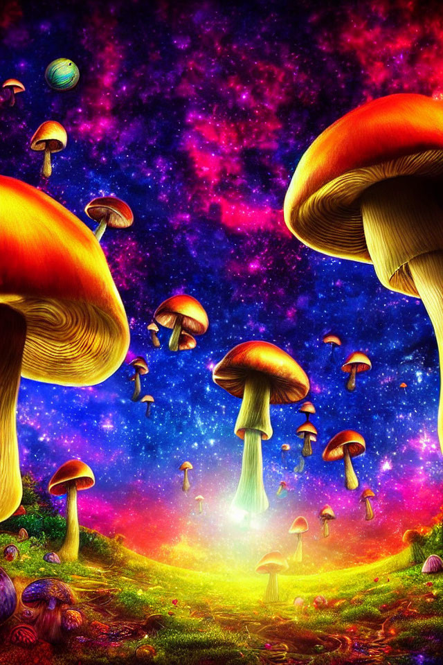 Fantastical landscape with glowing oversized mushrooms under starry sky