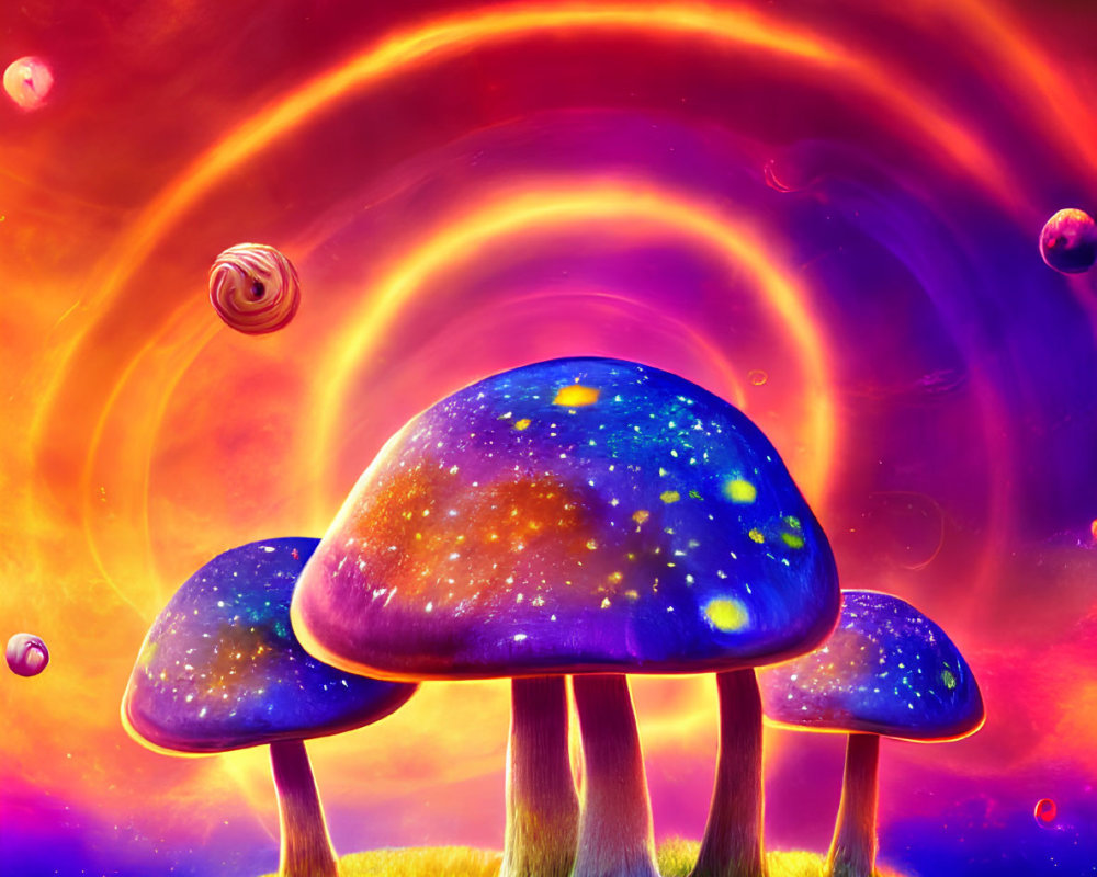 Colorful cosmic-themed mushroom digital artwork on grassy knoll under swirling galaxy sky.