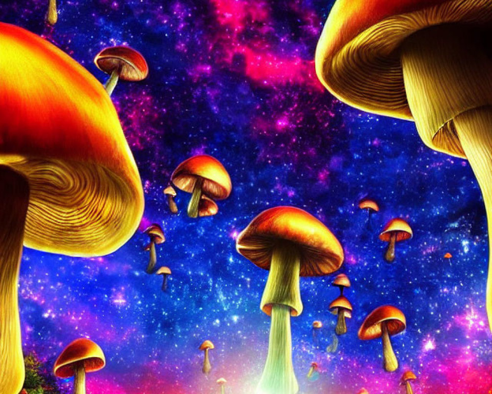 Fantastical landscape with glowing oversized mushrooms under starry sky