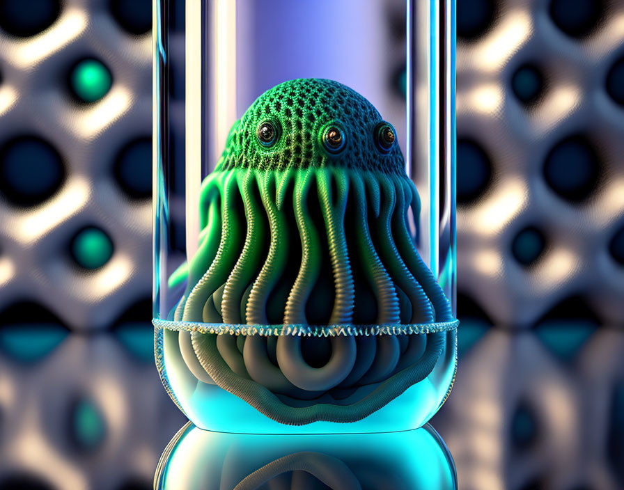 Green tentacled creature in transparent cylinder on patterned backdrop