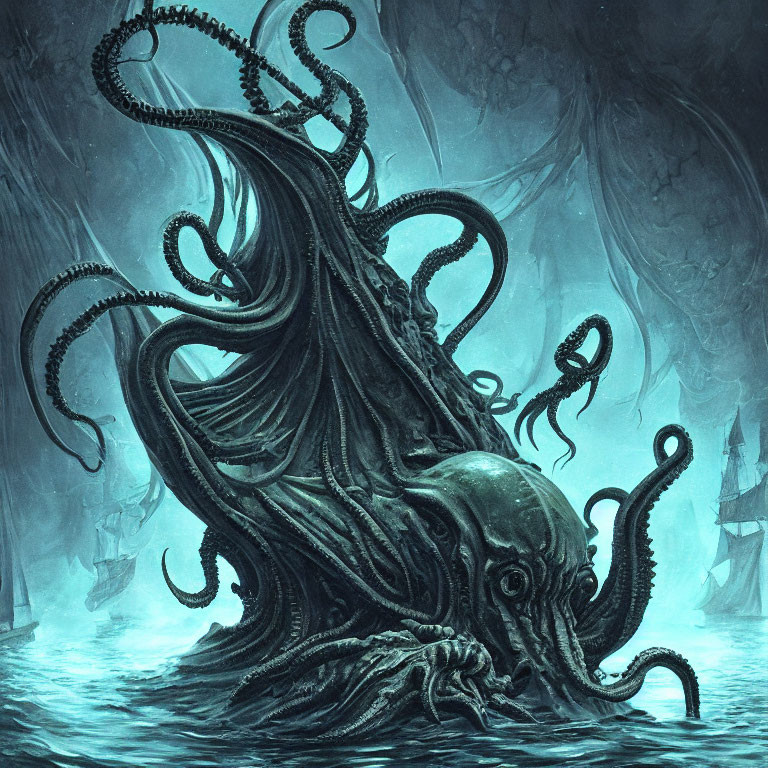 Monstrous Octopus-Like Creature and Shipwrecks in Dark Underwater Scene