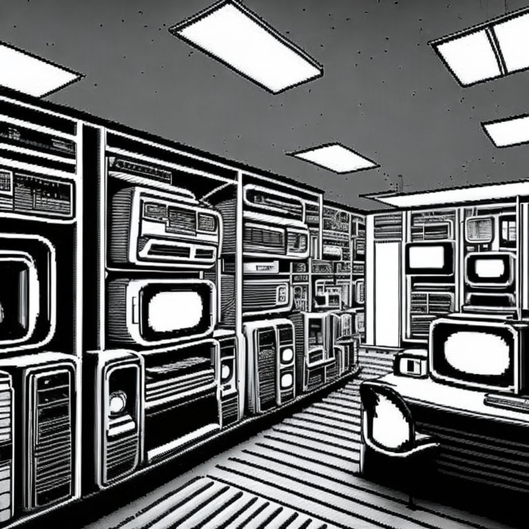 Monochrome retro room with vintage TVs, radios, and chair