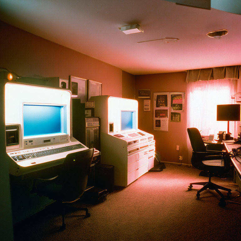 Vintage Computer Equipment and Glowing Screens in Cozy Room