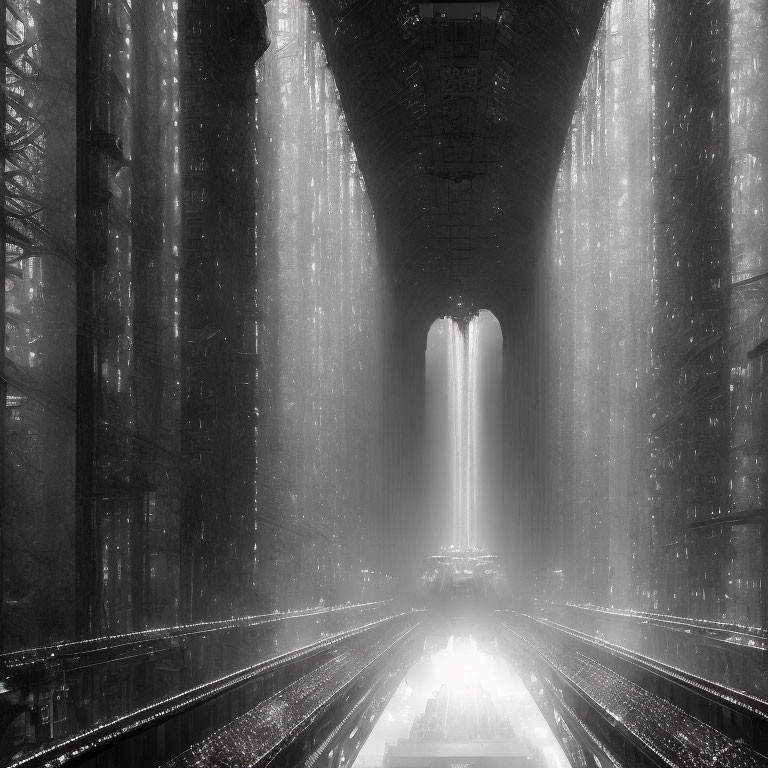 Monochromatic forest scene with towering trees and light beams above train tracks