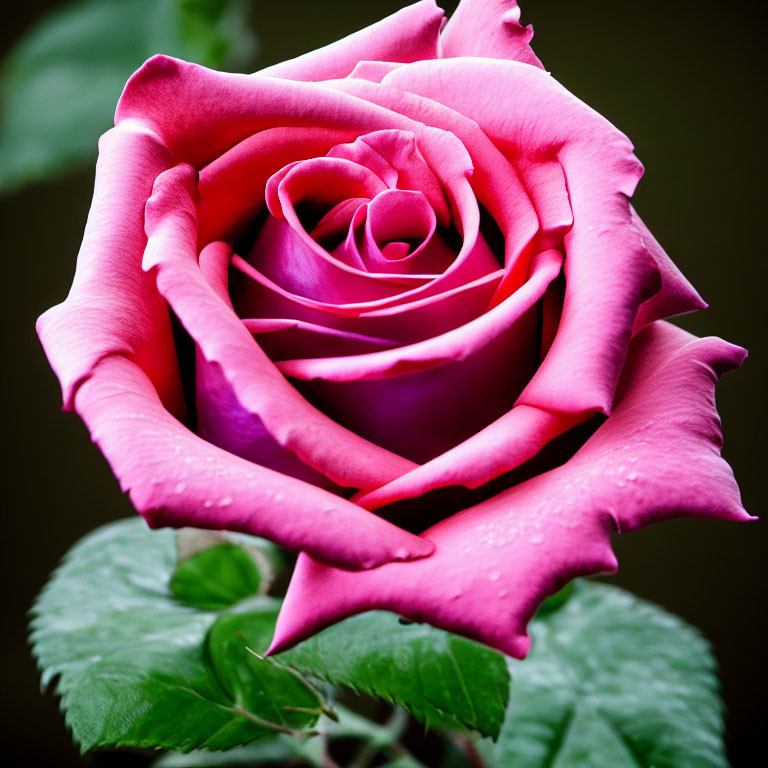 Vibrant pink rose with delicate petals and water droplets on dark background