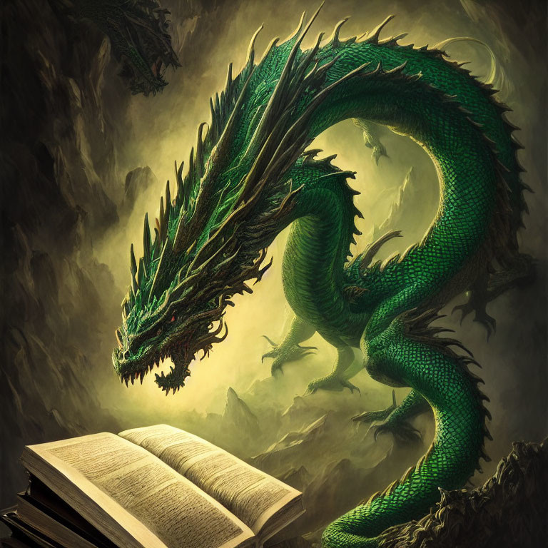 Green dragon perched over open book, scales gleaming, surrounded by flying dragons.