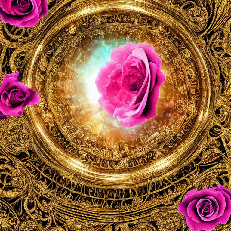 Intricate golden frame around surreal pink rose on celestial background