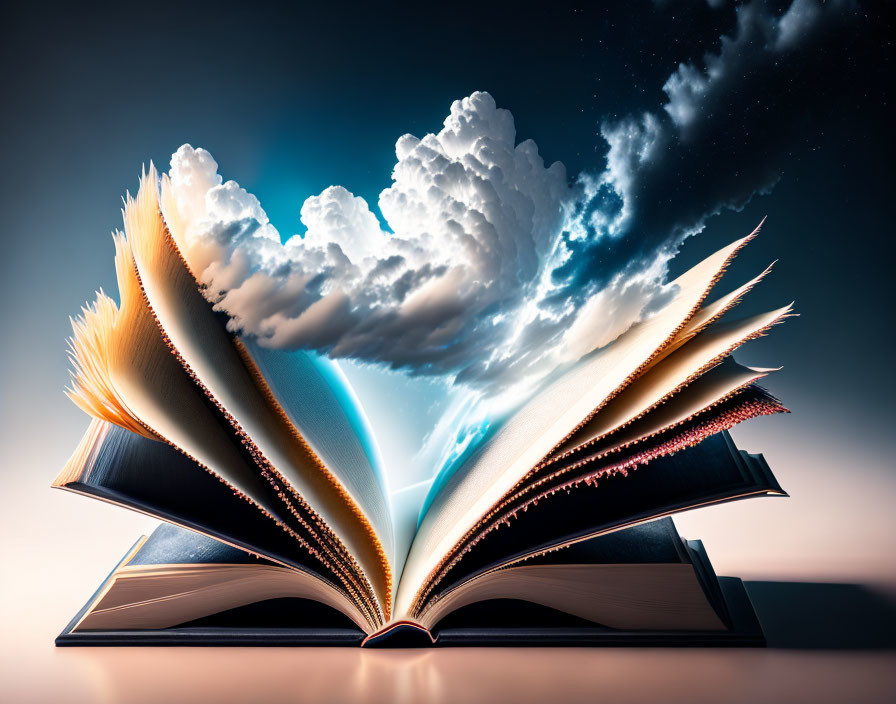 Open book forming heart with clouds on twilight sky.