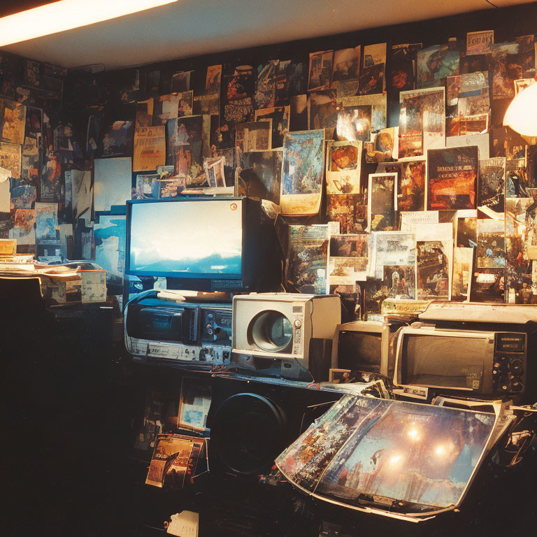 Cluttered room with posters, multiple monitors, electronics, and scattered papers