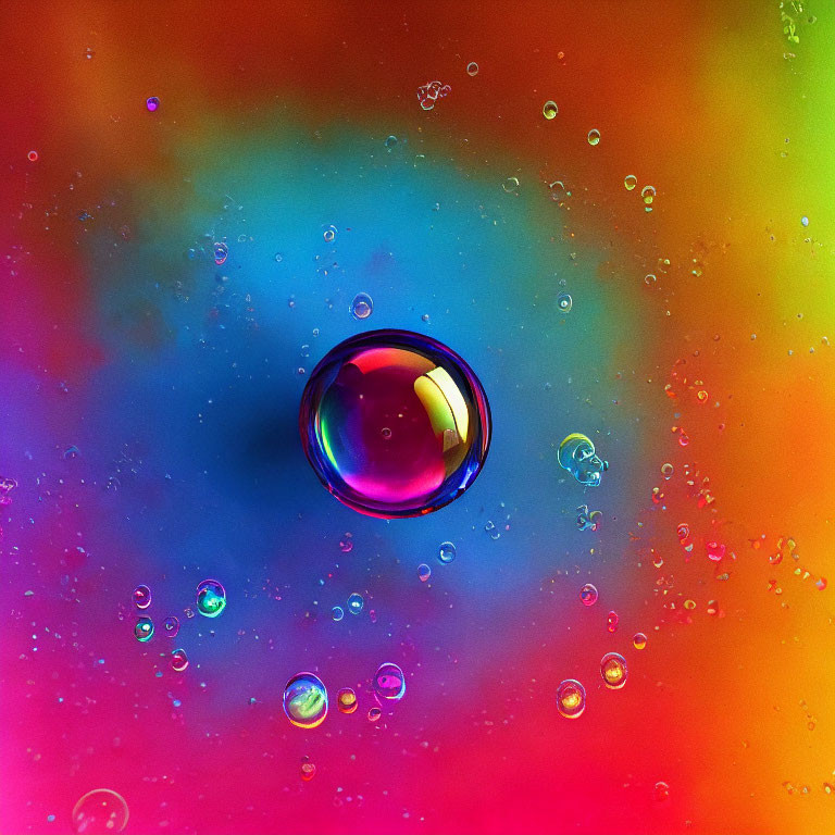 Colorful Water Droplets on Reflective Surface with Bubble