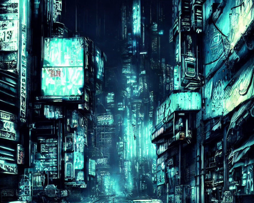 Futuristic night cityscape with neon signs, abandoned cars, skyscrapers, and rain.