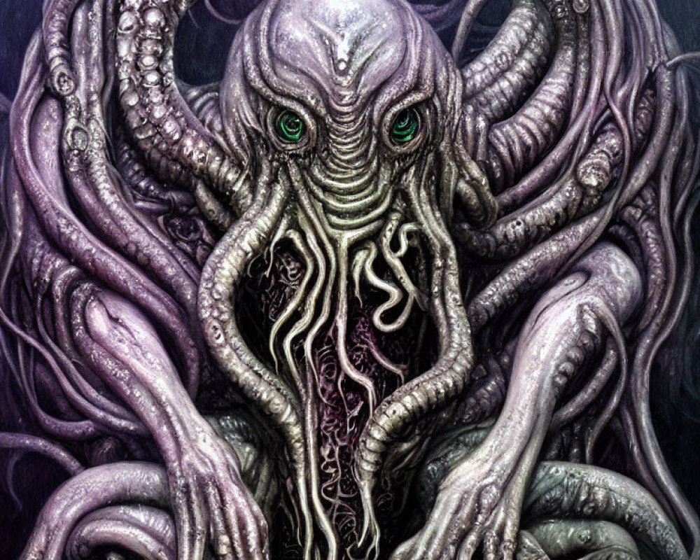 Detailed Octopus-Like Creature Illustration with Green Eyes and Tentacles