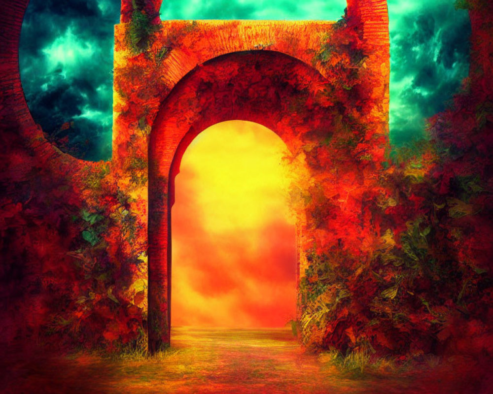 Vibrant digital artwork: Mystical archway in red and orange hues with foliage and bright light