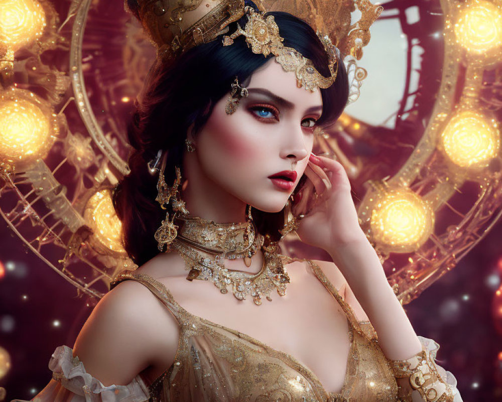 Steampunk-themed woman in golden outfit and top hat with gears and jewelry on glowing orb backdrop.