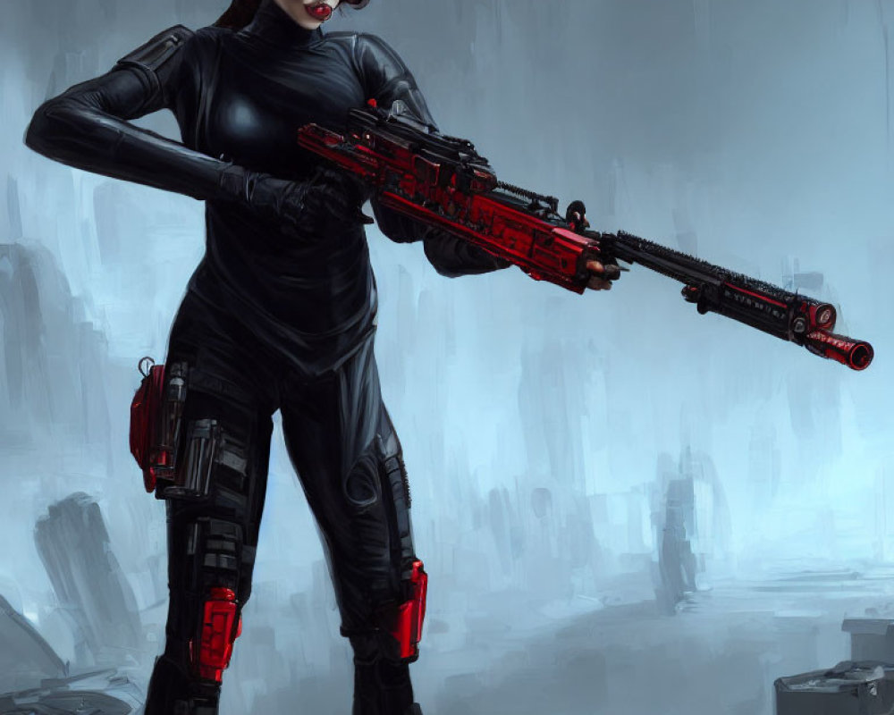 Woman in black bodysuit with red sniper rifle in futuristic cityscape