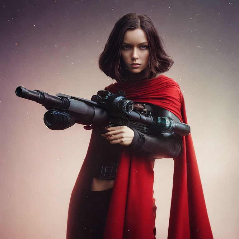 Person in Red Cape with Futuristic Rifle on Starry Background