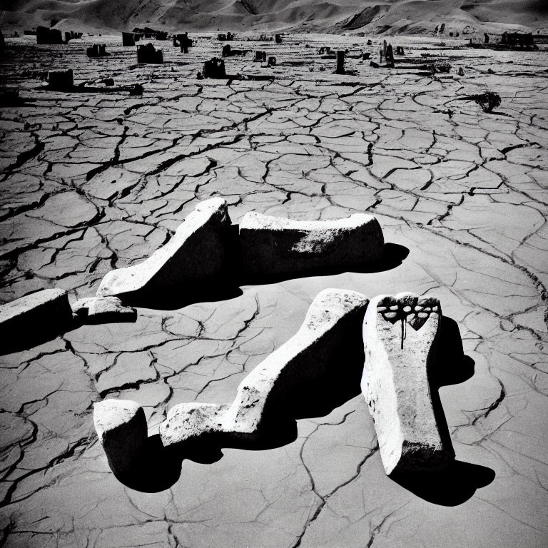 Monochrome image of parched earth with eroded structure under cloudy sky