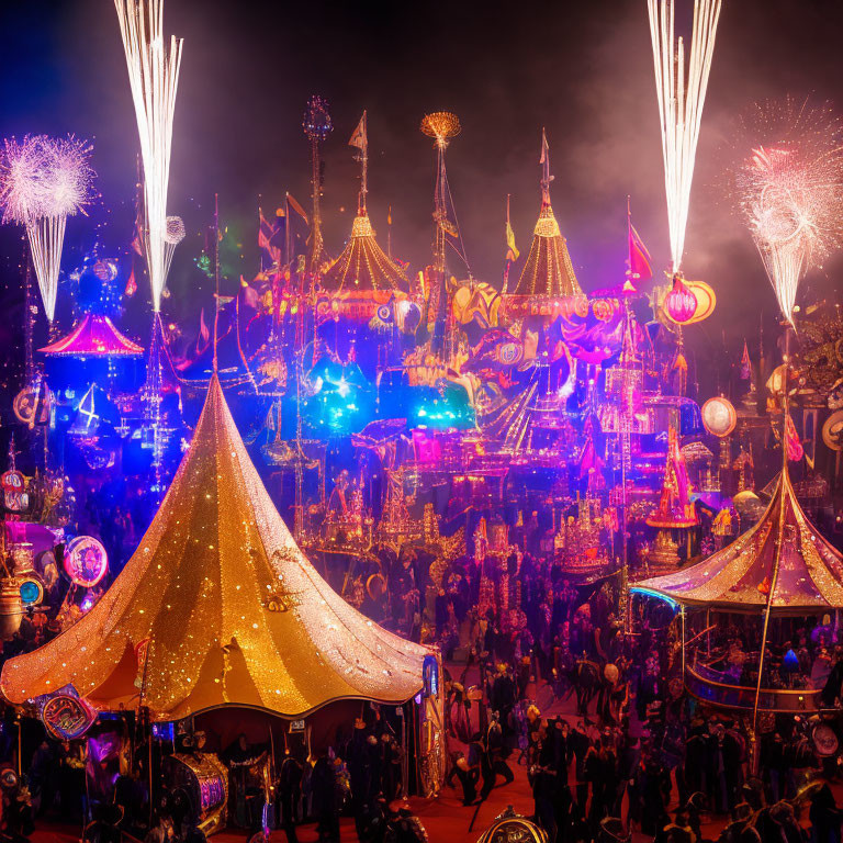 Night Fair Scene with Illuminated Tents, Fireworks, and Crowded Purple Sky