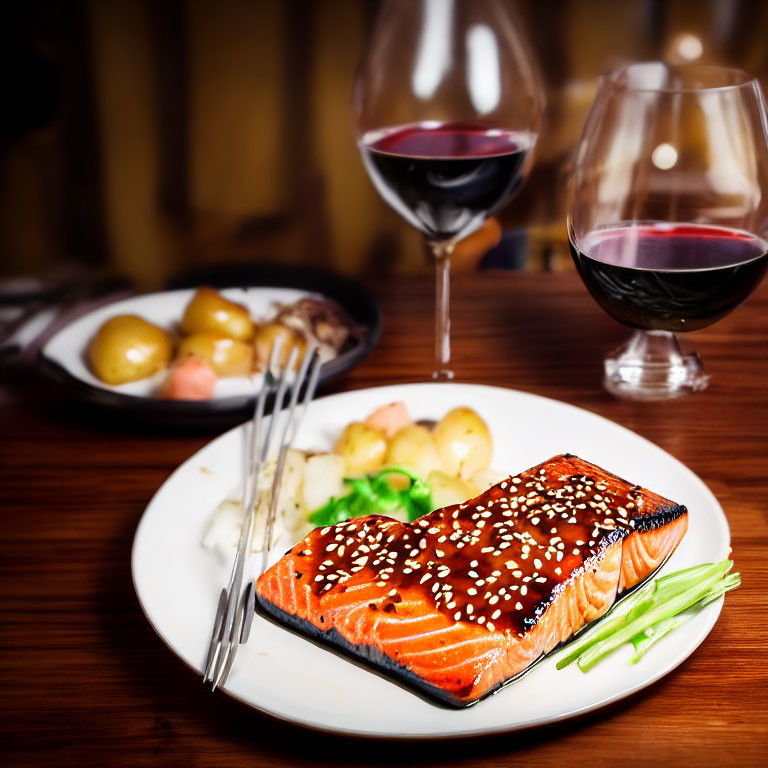 Sesame-Glazed Salmon with Roasted Vegetables and Red Wine Pairing