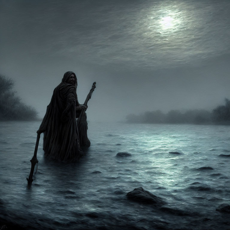 Misty riverbank scene with cloaked figure under pale moon