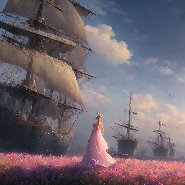 Woman in pink dress admiring tall ships in a field of pink flowers