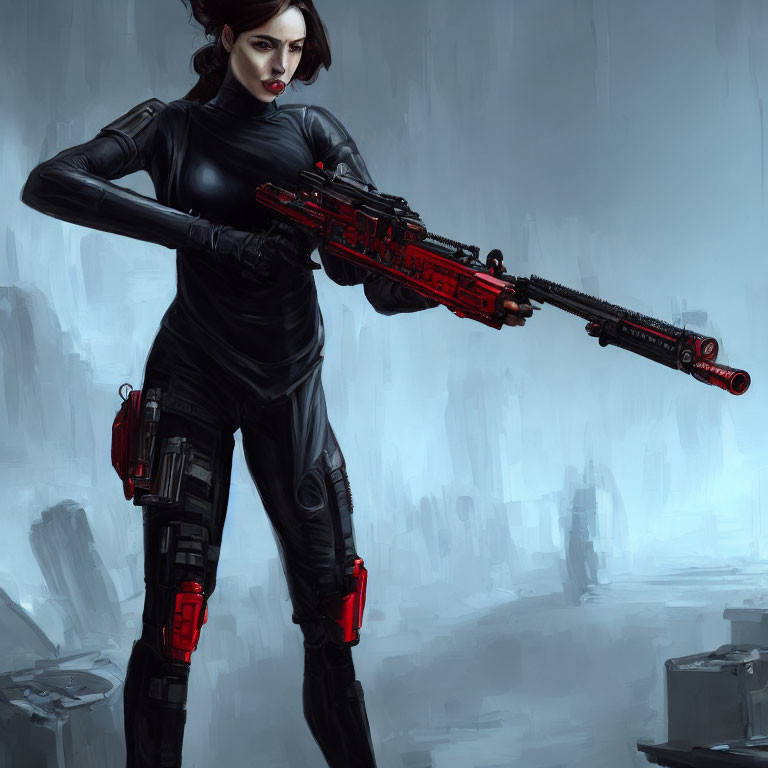 Woman in black bodysuit with red sniper rifle in futuristic cityscape