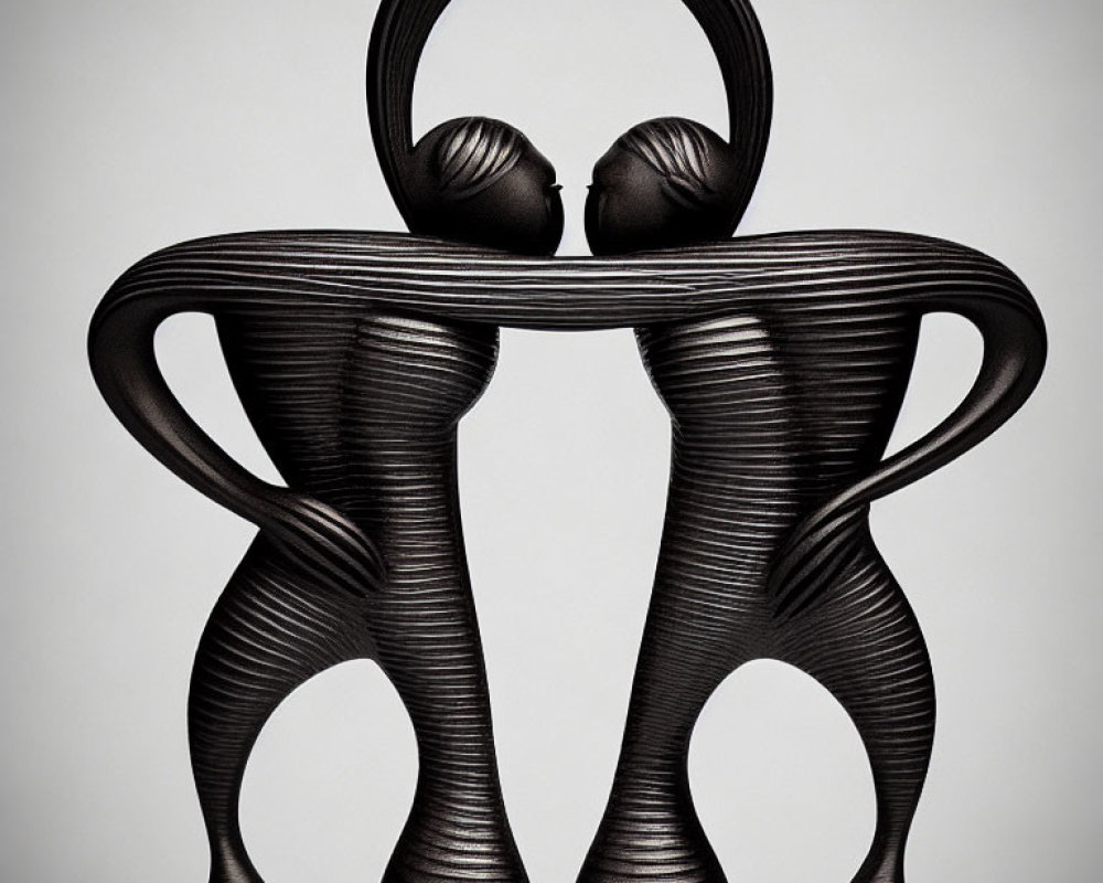 Abstract black sculptural table with intertwined couple design and circular headrest