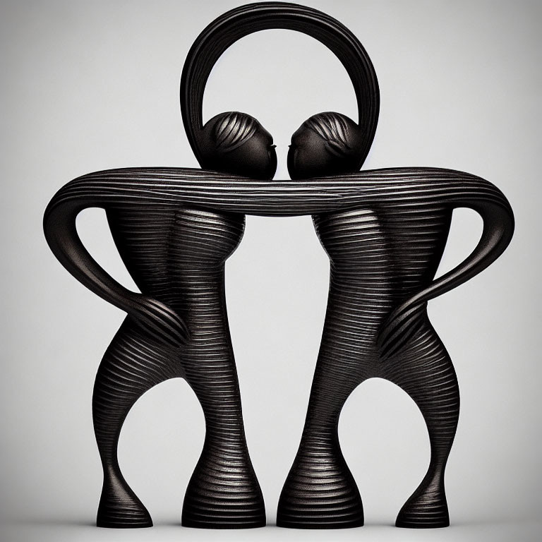 Abstract black sculptural table with intertwined couple design and circular headrest