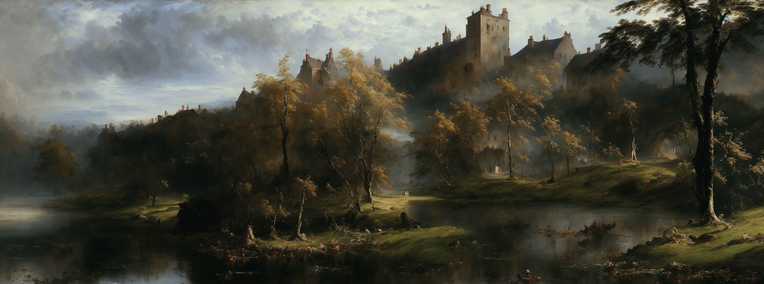 Castle on hill surrounded by autumn trees, calm water, dramatic sky