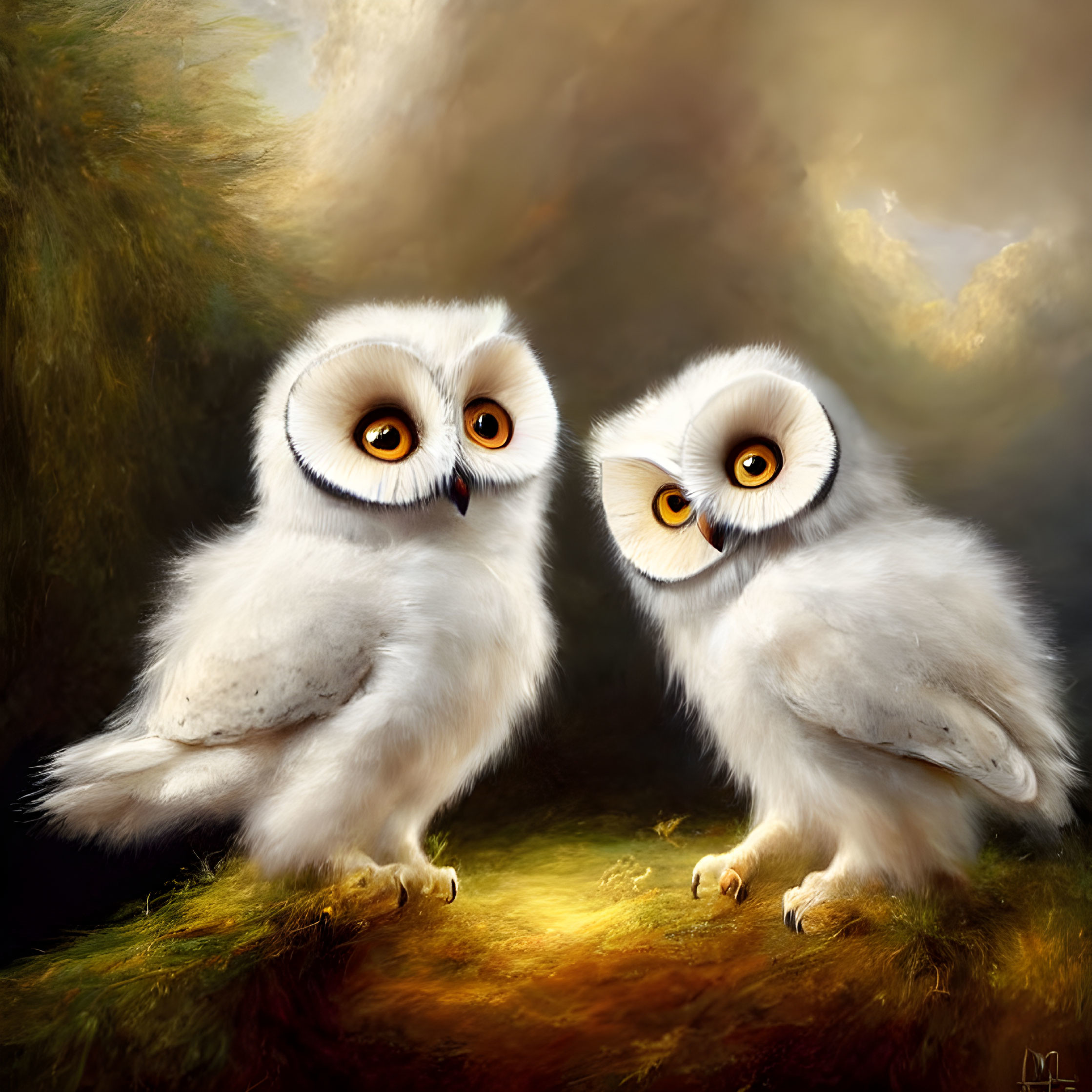 Pair of captivating white owls perched on branch in golden light